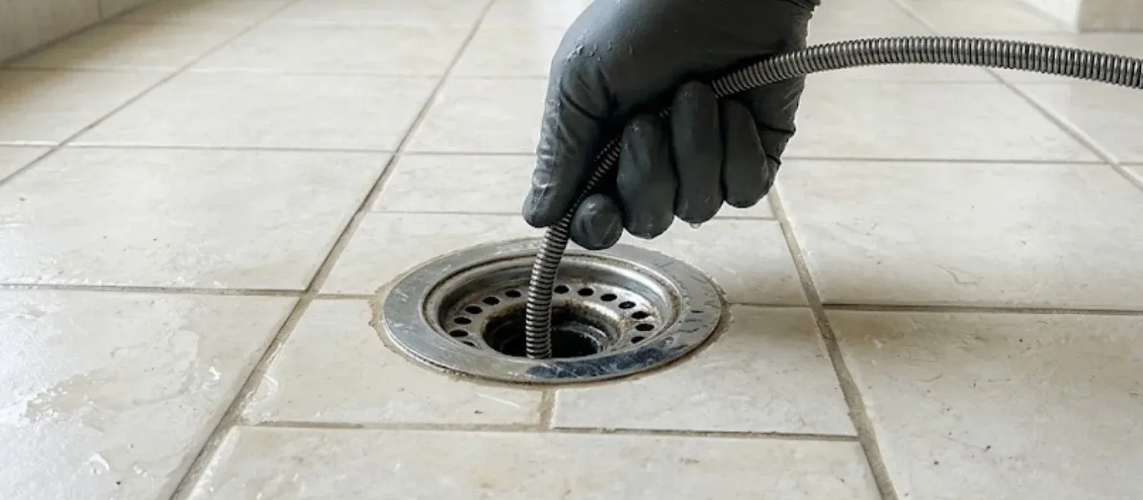 Gloved hand pushing a drain snake into a clogged floor drain on a tile floor