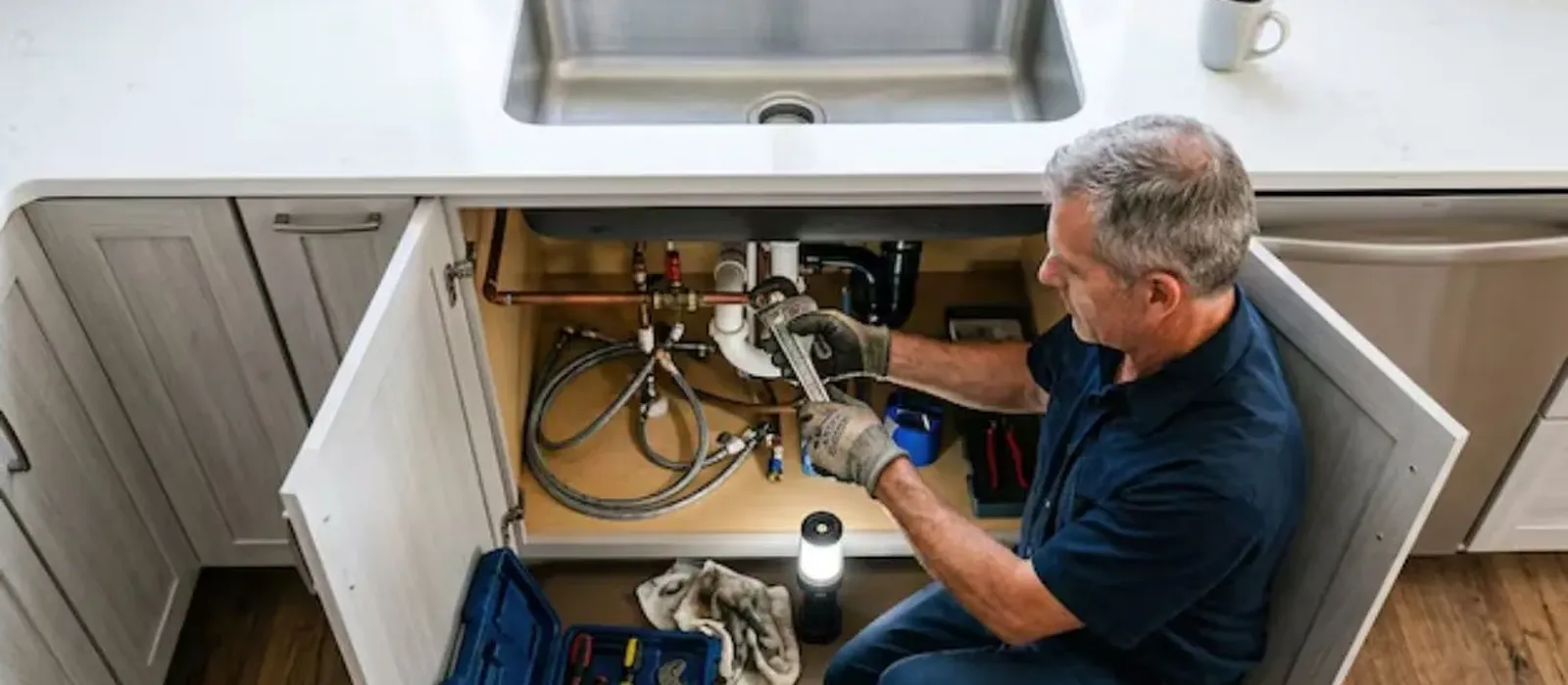 Plumber inspecting pipes and fittings under a kitchen sink with a tool kit beside him