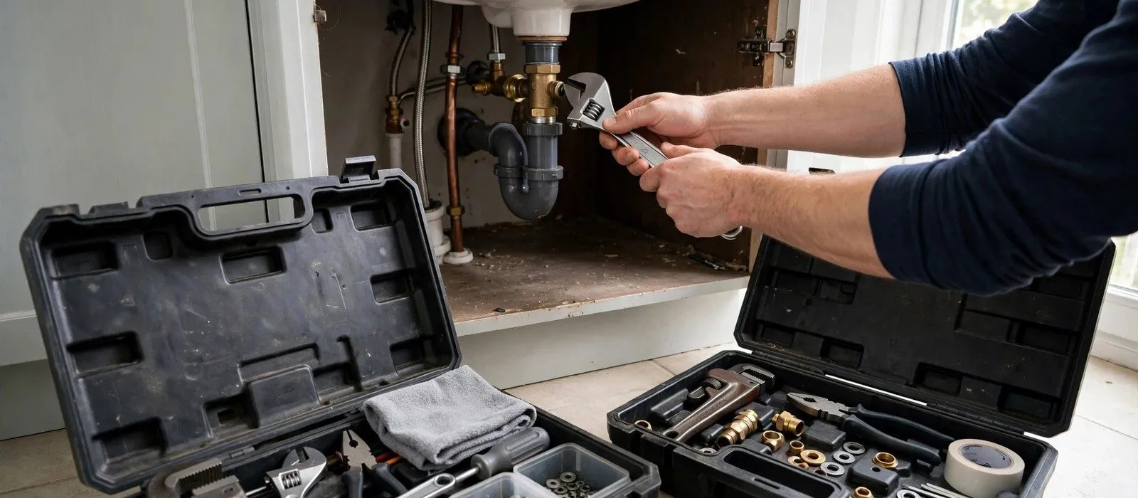 Hands tightening a P-trap under a sink with a wrench and a tool case open nearby