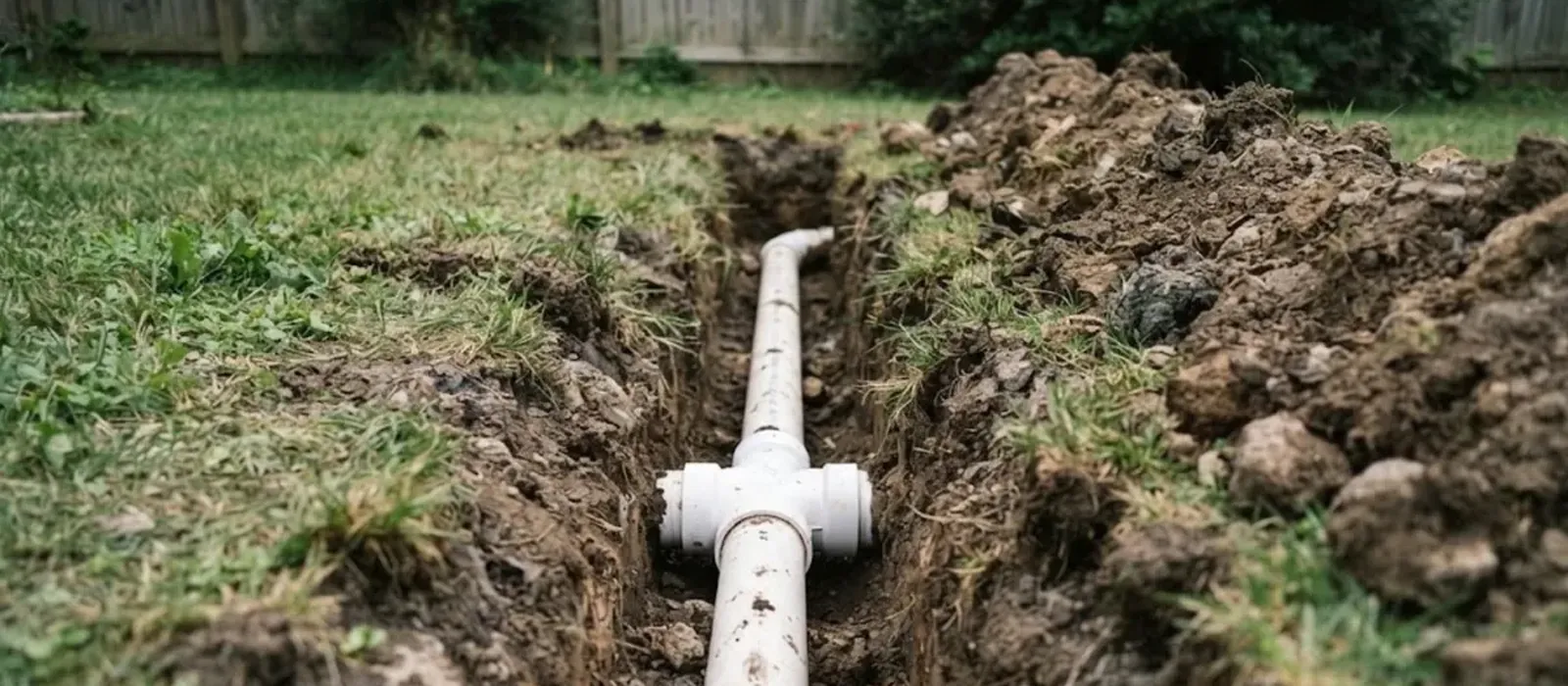 White PVC pipe with a tee fitting laid in a narrow yard trench