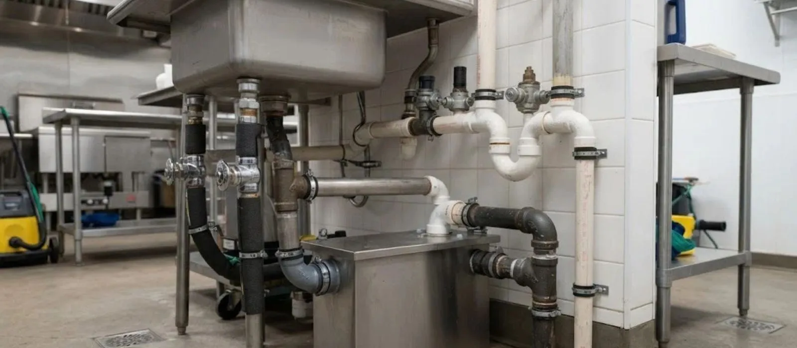 Commercial kitchen grease interceptor with piping and floor drain under a stainless prep sink