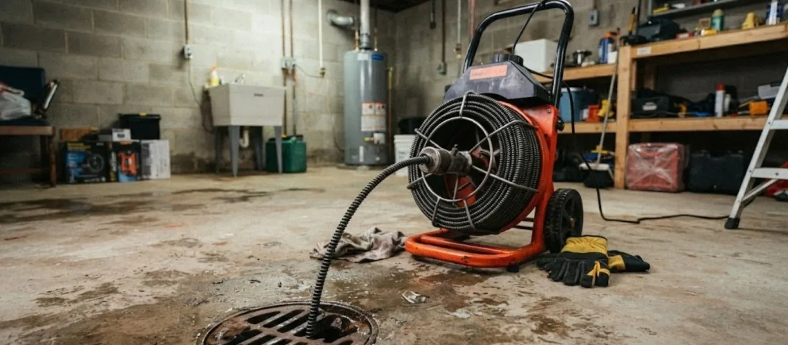 Technician feeding a drum drain machine cable into a floor drain in a concrete garage