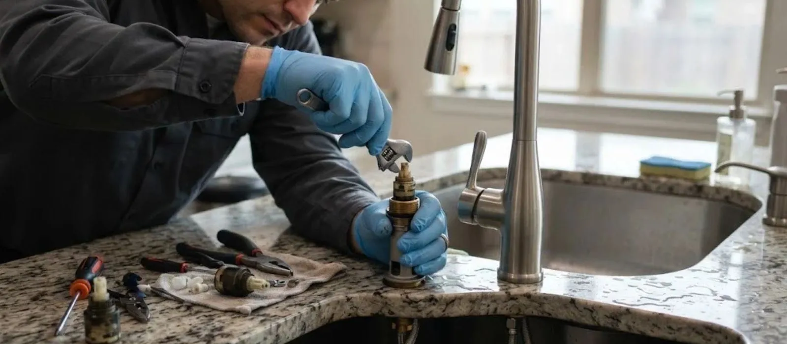 Plumber replacing a faucet cartridge at a granite kitchen sink with parts laid out on the counter