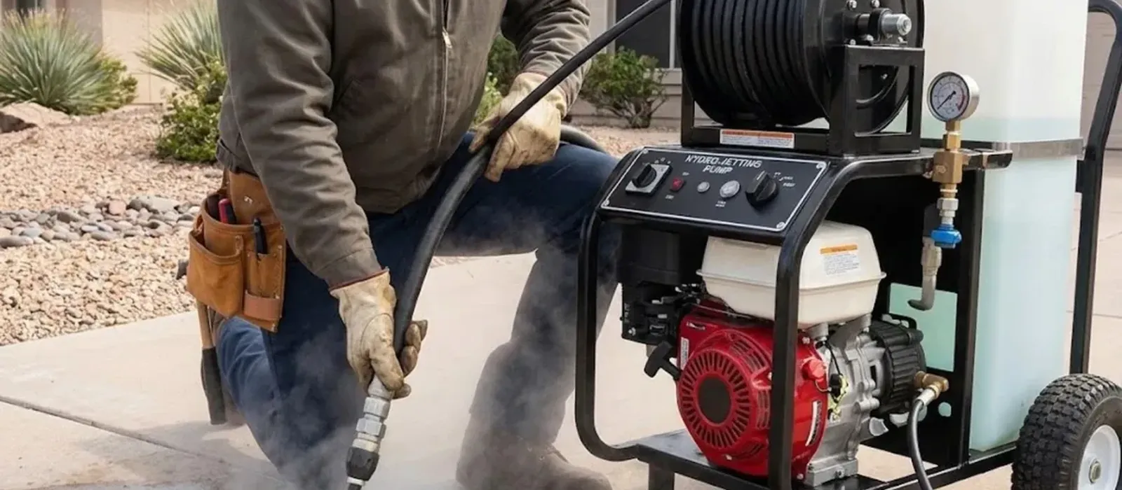 Plumber kneeling at a ground-level cleanout with a hydro jetting pump and high-pressure hose