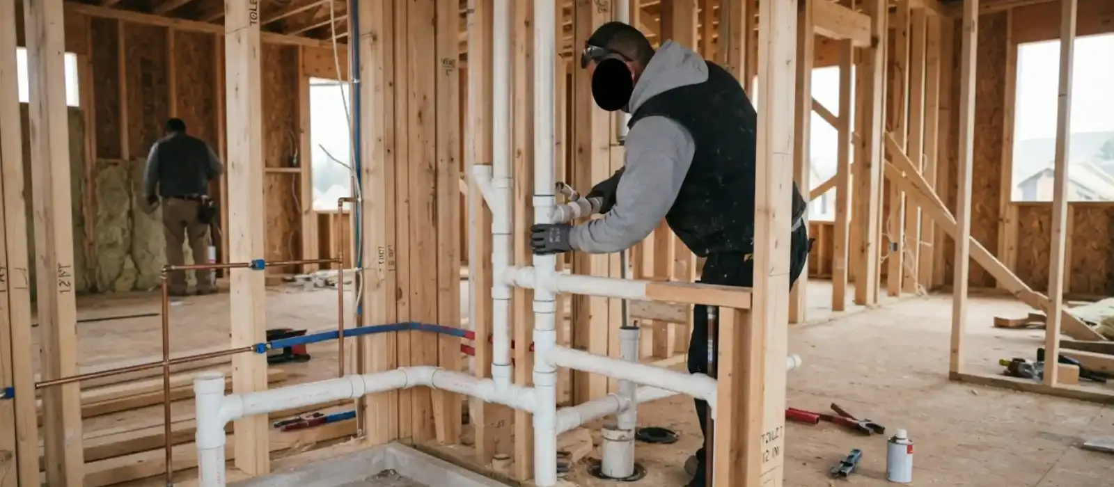 Plumber fitting white PVC drain and vent pipes in a framed house before drywall
