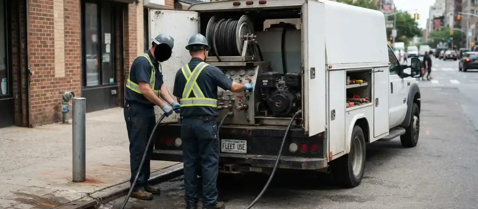 Two plumbers running a hydro jetting hose from a service truck into a street-side sewer cleanout