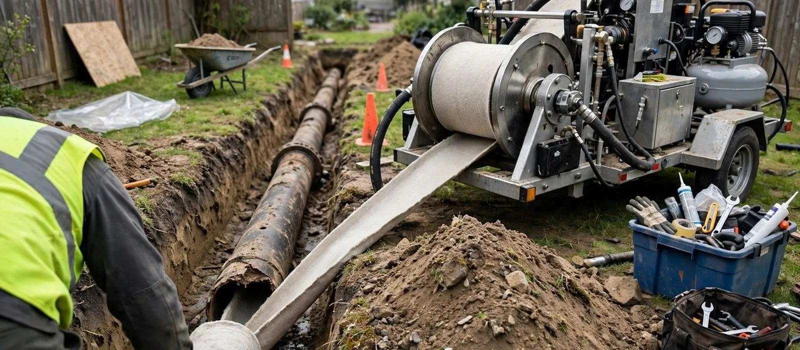 Crew with a trenchless pipe machine and an open trench exposing an old sewer line in a yard