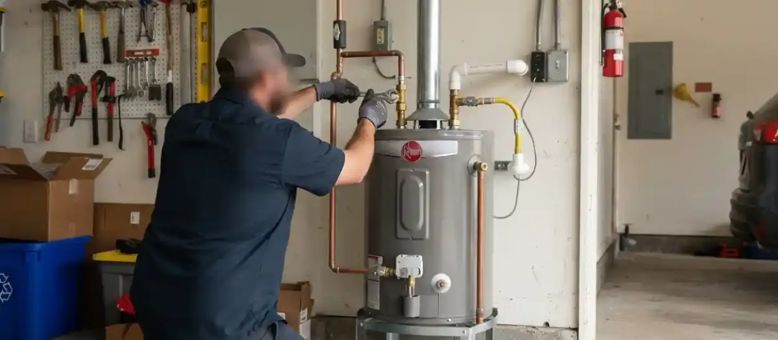 Plumber kneeling to connect a new tank water heater in a garage